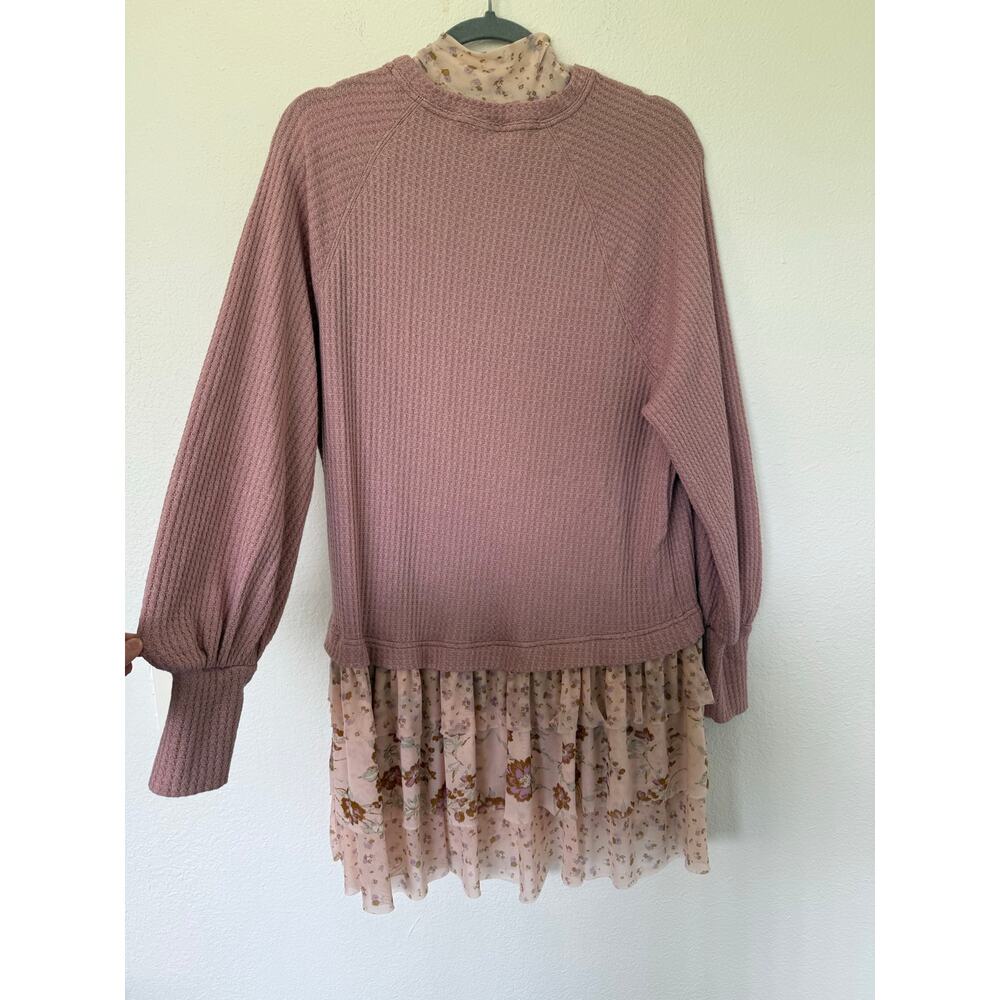 Free People Opposite Attraction Waffle Thermal Ruffle Mini Dress Pink Sz M Boho - Picture 3 of 9